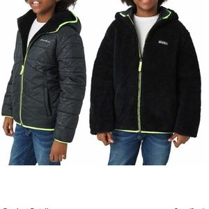 Eddie Bauer Reversible Fuzzy Fleece Jacket Black Neon Yellow Trim Medium 10-12